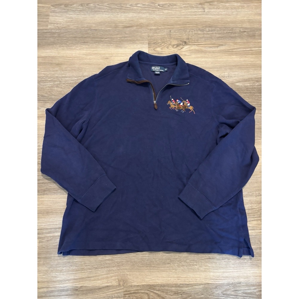 Polo Ralph Lauren Triple Pony Quarter 1/4 Zip Sweater XL Mens Blue Embroidered